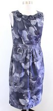 Adrianna Papell Blue Gray Floral Print Rosette Sheath Dress Cocktail Party Sz 6