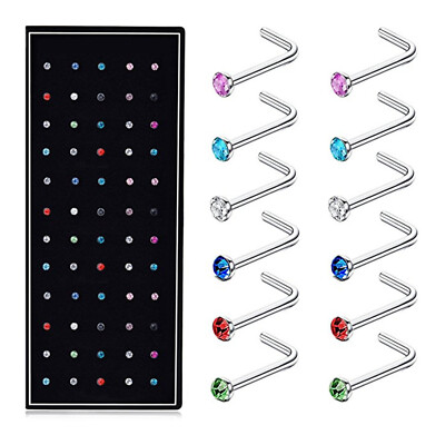 60Pcs 20G L-Shaped CZ Nose Rings Bone Stud Stainless Steel Body Piercing Jewelry