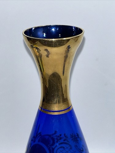 Murano Enamelled Decanter Set 4 X Shot/tot Glasses Flower Encrusted Cobalt Blue - Picture 14 of 21