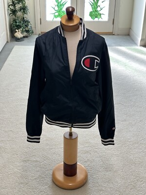 Vintage Champion Full Zip Varsity Bomber Jacket Black Big Spellout Mens Small