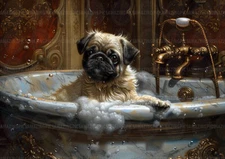 Pug Dog Bathtub Quirky Unique Art Print Luxurious Animal Bathroom Decor L87