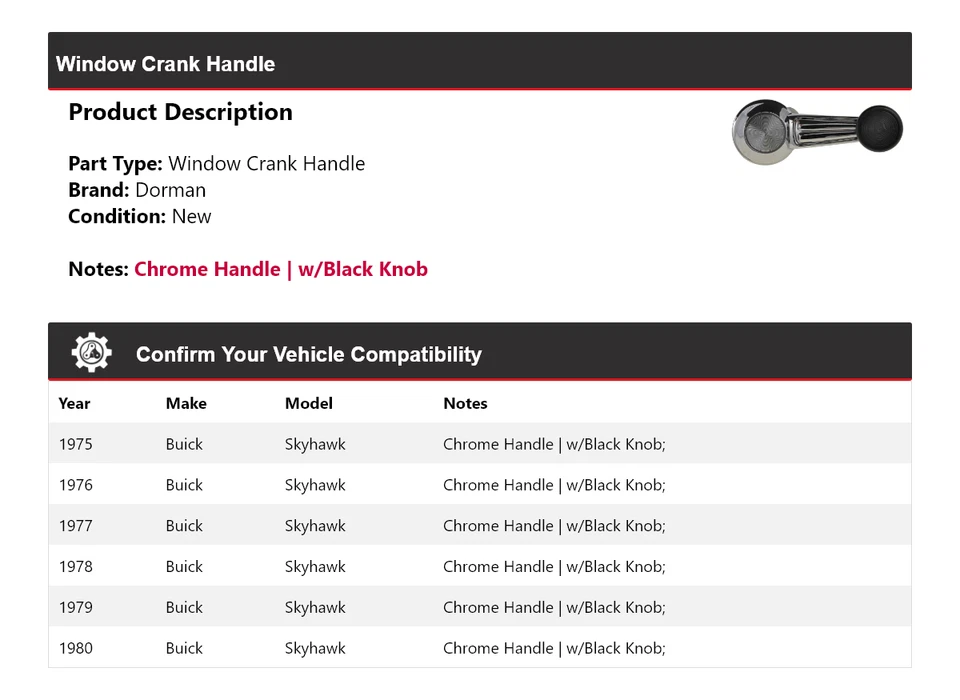 Manivela ventana para Buick Skyhawk Dorman 1975-1980 1976 1977 1978 1979 Foto 2 de 4