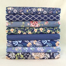 8pc Sewing Craft Blue Floral Cotton Quilt 10" Square Fabric Remnants Bundle DIY
