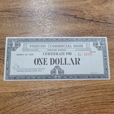 1933 Parsons Commercial Bank Note $1 Kansas Depression Scrip