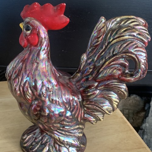 Vintage Pair Ceramic Chickens, Rooster & Hen , Iridescent Paint - Picture 7 of 9
