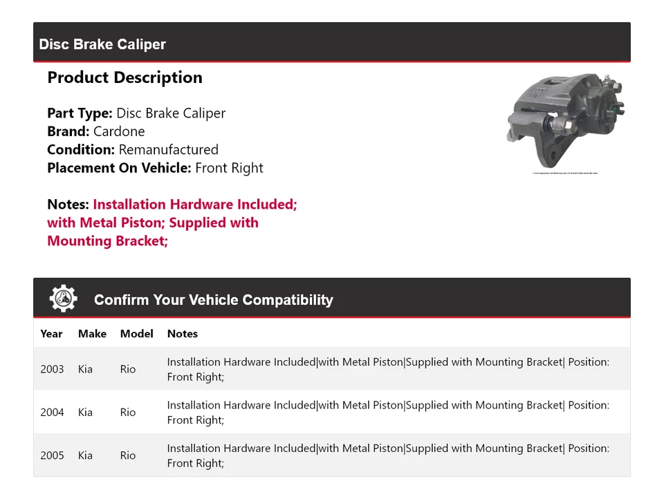 Pinça de freio a disco dianteira direita Cardone 2004 Kia Rio 2003-2005 - Imagem 2 de 4
