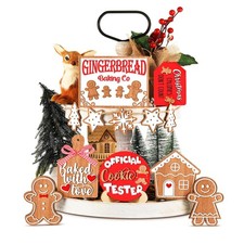 19 Pcs Gingerbread Christmas Decor Tiered Tray Kitchen Wooden Signs Party