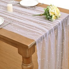 Thanksgiving Table Runner, Boho Rustic Tulle Lace Decor, White Pearl