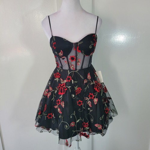 B. Darlin Talla 0 NUEVO Mini Vestido Para Mujer Negro Malla Deshuesado Forrado Floral - Imagen 3 de 11