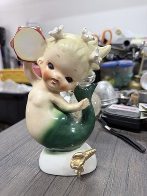 Vintage Bradley Bisque Ceramic Mermaid Figurine Tambourine Kitschy 1950's Japan