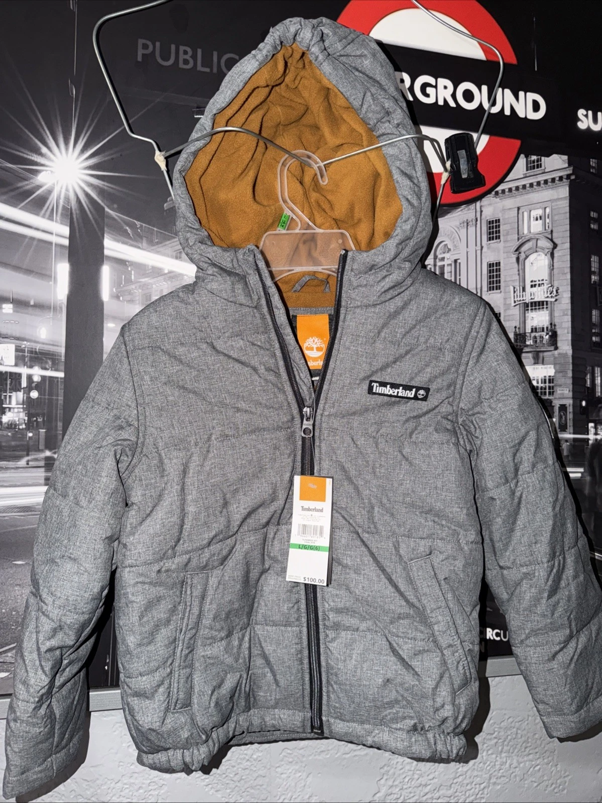 Timberland Boys Puff Hooded Fleece Lined Gray Full Zip Jacket Size Large (6)