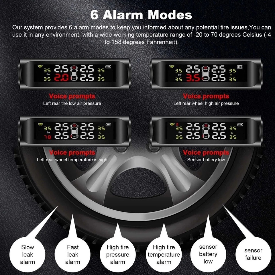 Solar Power TPMS Car Tire Pressure Alarm Monitor System Tyre Pressure Security  - Image 3 of 4