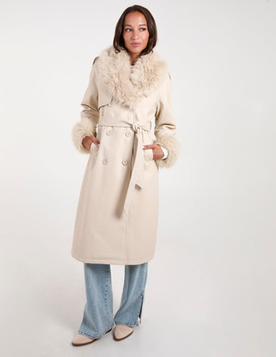 Blue Vanilla Womens Faux Fur Trim Double Breasted PU Coat