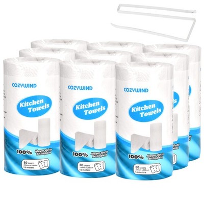 9 Rolls Kitchen Household Clean Up Paper Towels 2-Ply 80 sheets per roll+ holder