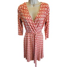 41 Hawthorne orange white geometric faux wrap w/ waist tie L USA made casual