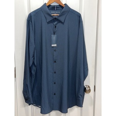 NWT Perry Ellis Mens Total Stretch Long Sleeve Geometric Print Shirt Blue 2X