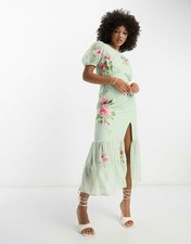 ASOS DESIGN Dobby Chiffon Puff Sleeve Midi Tea Dress Floral Embroidery Size 8