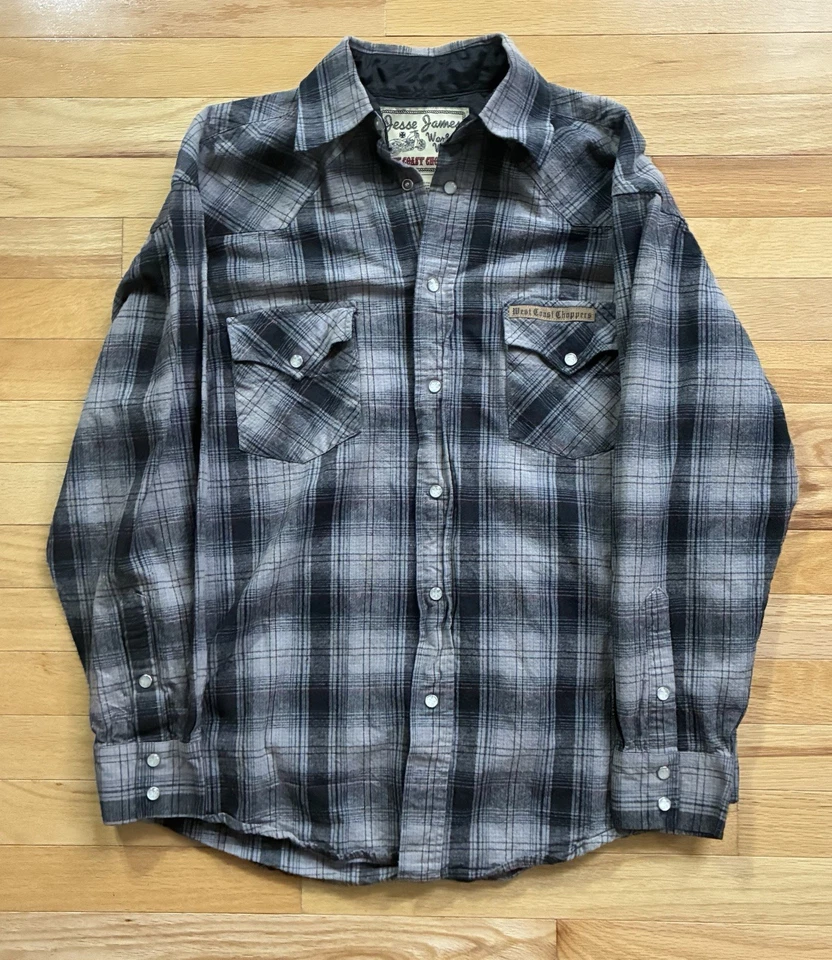 West Coast Choppers Jesse James 格子法兰绒西部珍珠扣衬衫男式 M 码 — 第 2/4 张图片