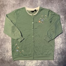 Vintage Grandma Granny Green Floral Embroidered Cardigan Sweatshirt Women XL