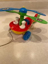 Vintage Plastic Helicopter w/ Wheels and Pull String 1970s Red Blue Green