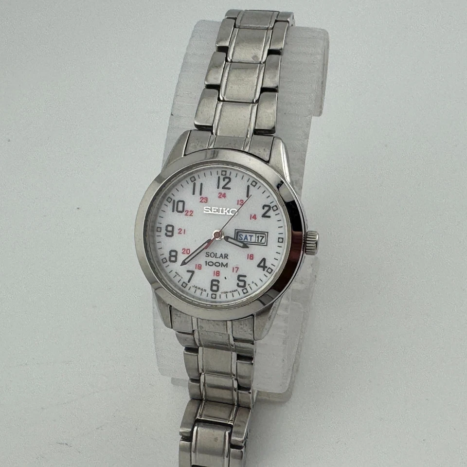 Seiko V138-0AB0 Women 100m Silver Steel Military Dial Solar Quartz Watch 6" - Image 2 of 4