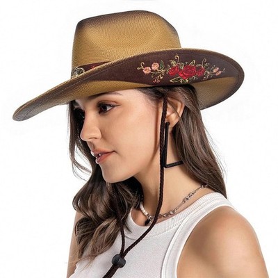 Western Straw Cowboy Hats for Men and Women, Embroidered Patterns, Music Fest...