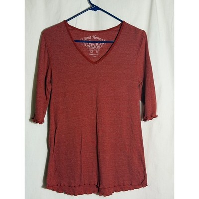 Stone Flowers Ribbed V Neck Top Women's Large Rust Made in USA 3/4 Sleeve Boho