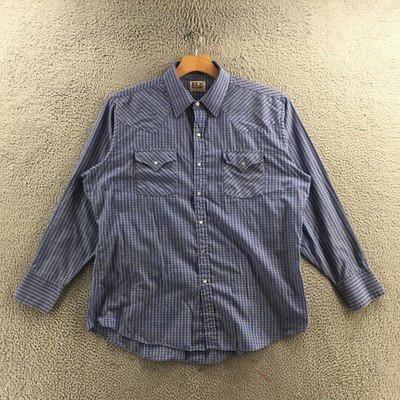 ELY Cattleman Button Up Casual Shirt Mens Large Blue Plaid Cotton Long Sleeve