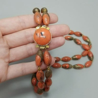 Vintage Orange Plastic Two Row Beaded Necklace Brass Bead Caps West Germany