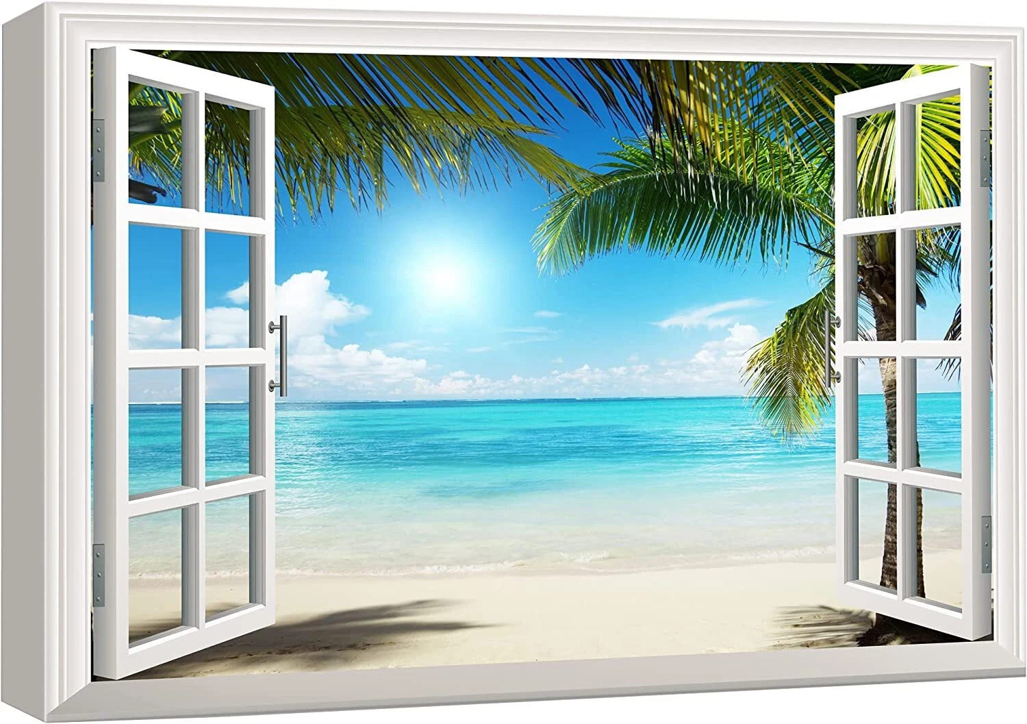 24"x36"-Tropical Beach Nature Landscape View through Window Canvas Wall Art