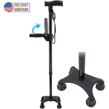 Walking Stick Cane Quad Four Prong Base, Adjustable Dual Handle, Self Standing