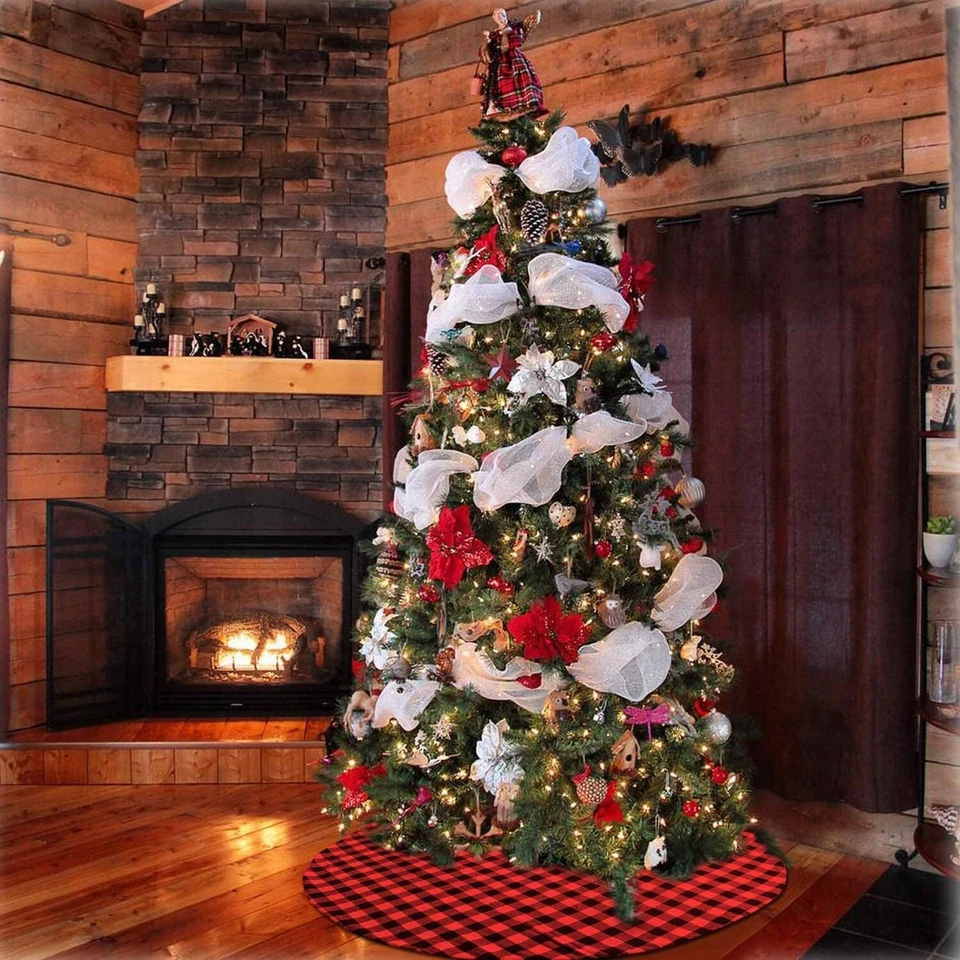 Christmas Tree Skirt 48 inch Large, Double Layer Red and Black Plaid Buffalo - Image 2 of 4