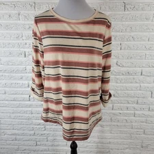 Croft Barrow Womens Top Extra Large Tee  3/4 Cuff Sleeve Brown Pink Stripe Comfy