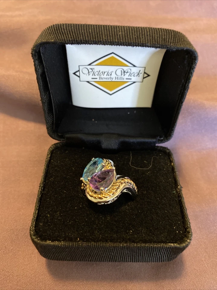 Anillo Victoria Wieck en forma de pera aguamarina y amatista en plata de ley. Talla 6 Foto 2 de 4