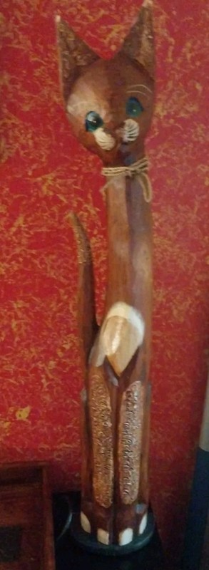 Rustic Primitive Kitty Statue 32" Free Standing Hand Carved Wood Cat Sculpture