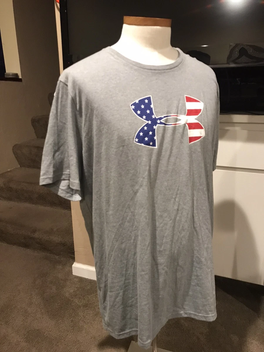 Under Armour Mens T Shirt Freedom Big Logo Gray Heatgear Sz 2XL
