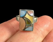 Sterling Silver Multicolor Mother Of Pearl Mosaic Band Size 6.25 Vintage