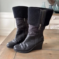 Ugg Quilted Tall Boots Wedge Heel Leona Black Boots Preppy Warm Rare Fold Down 8