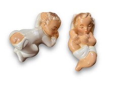 Vintage Chalkware Cute Babies Wall Hanging Plaques Pockets MCM