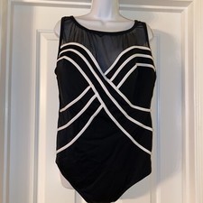 Vtg Longitude Swimsuit One Piece Black White Slimming Classic Retro Mesh 24W