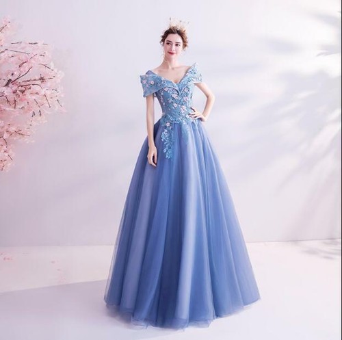 Gorgeous Off Shoulder Flowers Tulle Ball Gown Princess Dress Prom Evening Gown - Picture 15 of 16
