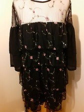 Black Embroided Tiered Dress Size 10 By Prettylittlething