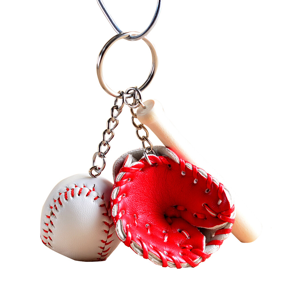 Modern Jewelry Mini Baseball Bat Glove Set Faux Leather Wood Key Chain