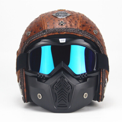 Leather Motocycle Helmet Scooter Moto Helmet Half Face+ Free Mask Vintage DOT
