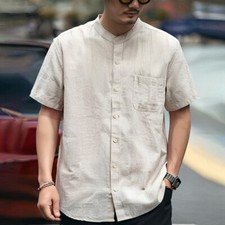 Mens Retro Short Sleeve 100 Linen Stand Collar Button Up Shirt Summer Thin Tops