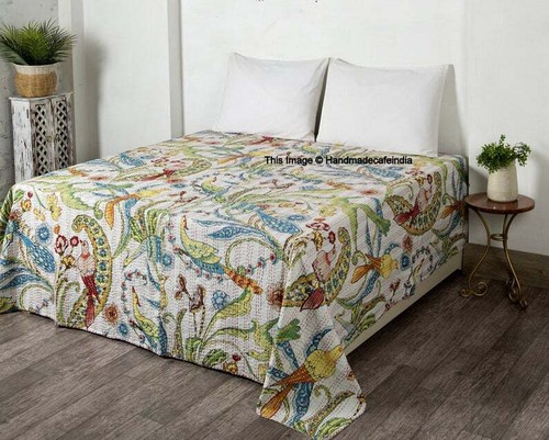 Indian Handmade White Kantha Quilt Bedspread Cotton Coverlet Bohemian Throw - 第 1/3 張圖片