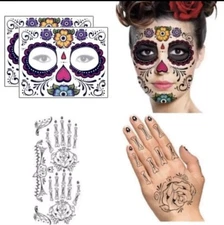 Day of the Dead sugar skull face tattoo Día De Los Muertos Face And Hand Tattoos