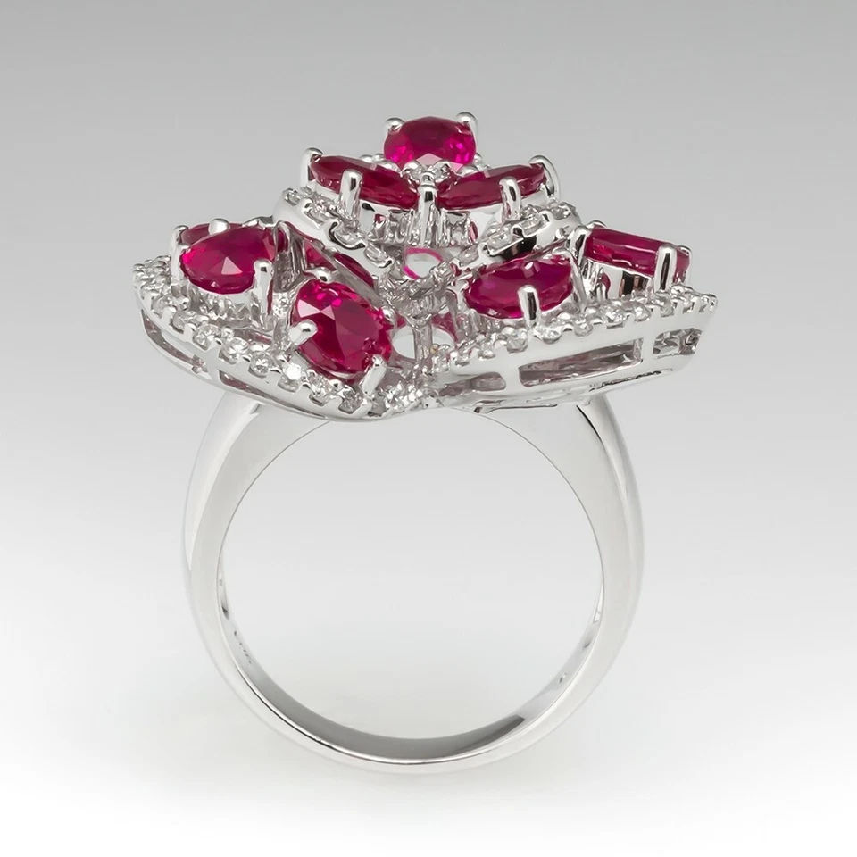 Juego de anillo de 92 circonitas con contornos piedra ovalada y corte pera 9 ovalada con ritmo de rubí rojo  Foto 4 de 4