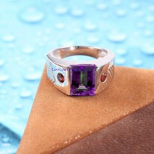 Natural Amethyst  Garnet Gemstones with 925 Sterling Silver Ring for Men 455
