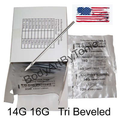 100pcs 50x14g 50x16g 2'' Tri Beveled Hollow Point Piercing Needle